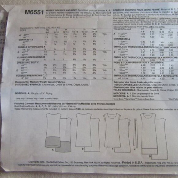 McCall Patterns M6551 Misses' Dresses and Belt, Sizes(XSM-SML-MED) - Picture 4 of 4